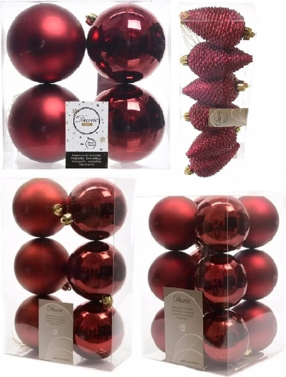 Kerstversiering kunststof kerstballen donkerrood 6-8-10 cm pakket van 50x stuks