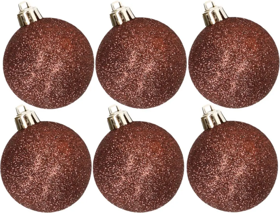 6x stuks kunststof glitter kerstballen donkerbruin 6 cm