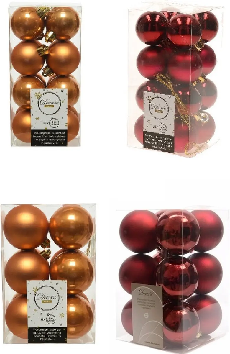 Kerstversiering kunststof kerstballen kleuren mix cognac bruin/donkerrood 4 en 6
