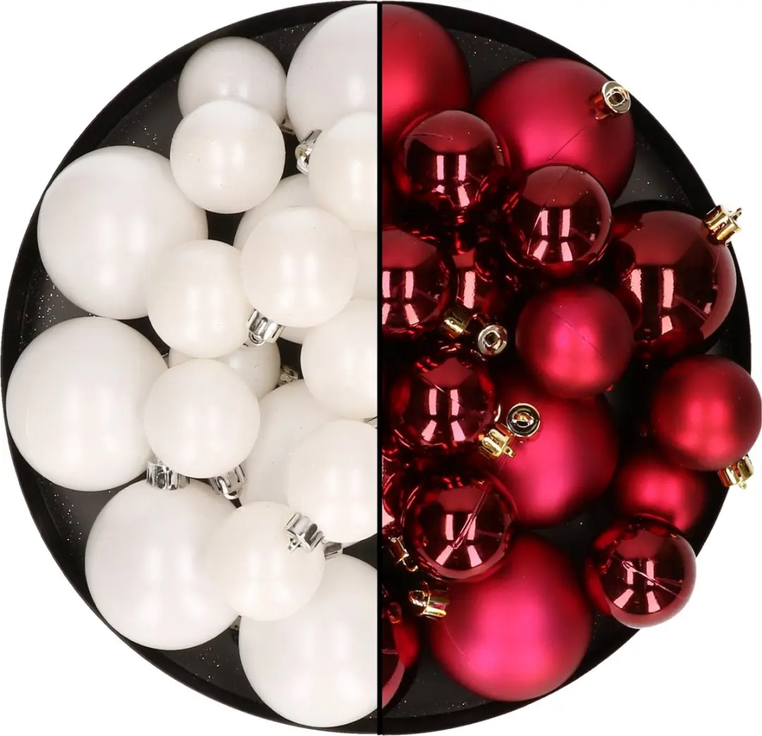Kerstversiering kunststof kerstballen kleuren mix winter wit/donkerrood 6-8-10 c