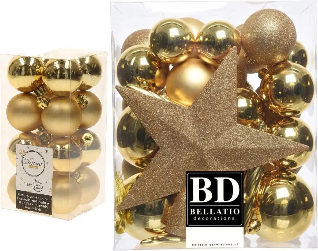 Kerstversiering kunststof kerstballen goud 4-5-6-8 cm pakket van 49x stuks