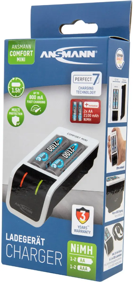 Ansmann Comfort Mini Huishoudelijke Batterijlader AA - 2 Stuks - Zwart/Wit - afbeelding 5 van 6