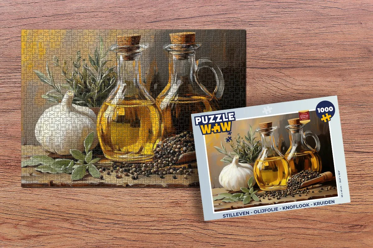PuzzleWow Stilleven Legpuzzel 1000 Stuks - Olijfolie/Knoflook/Kruiden