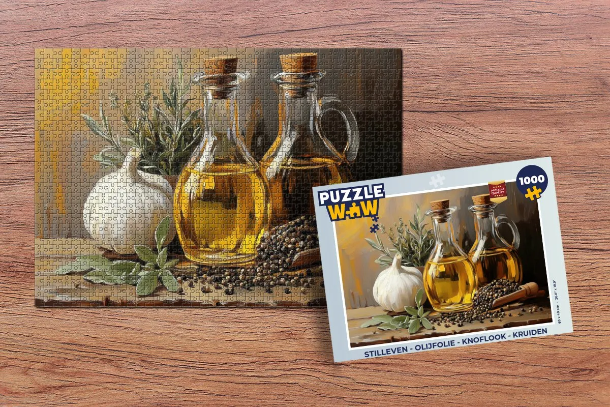 PuzzleWow Stilleven Legpuzzel 1000 Stuks - Olijfolie/Knoflook/Kruiden