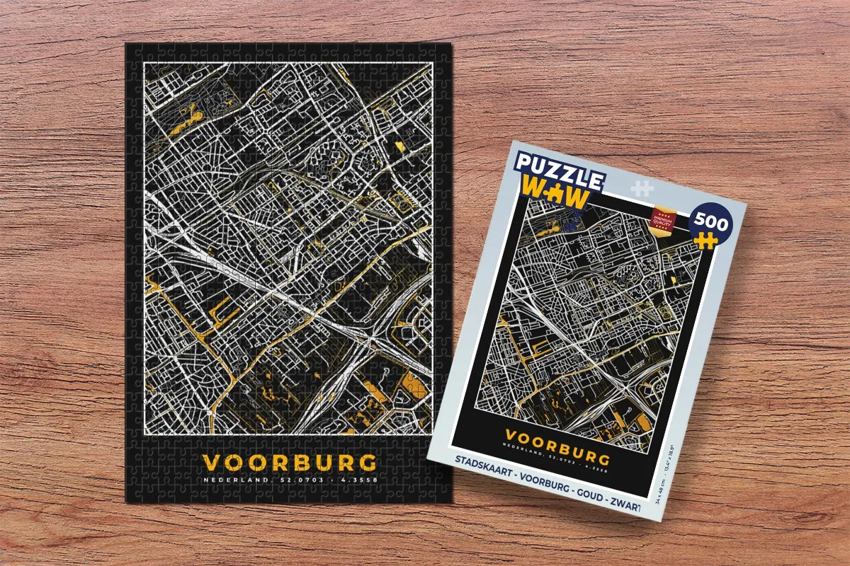 PuzzleWow Stadskaart Voorburg Legpuzzel 500 Stuks - Goud/Zwart