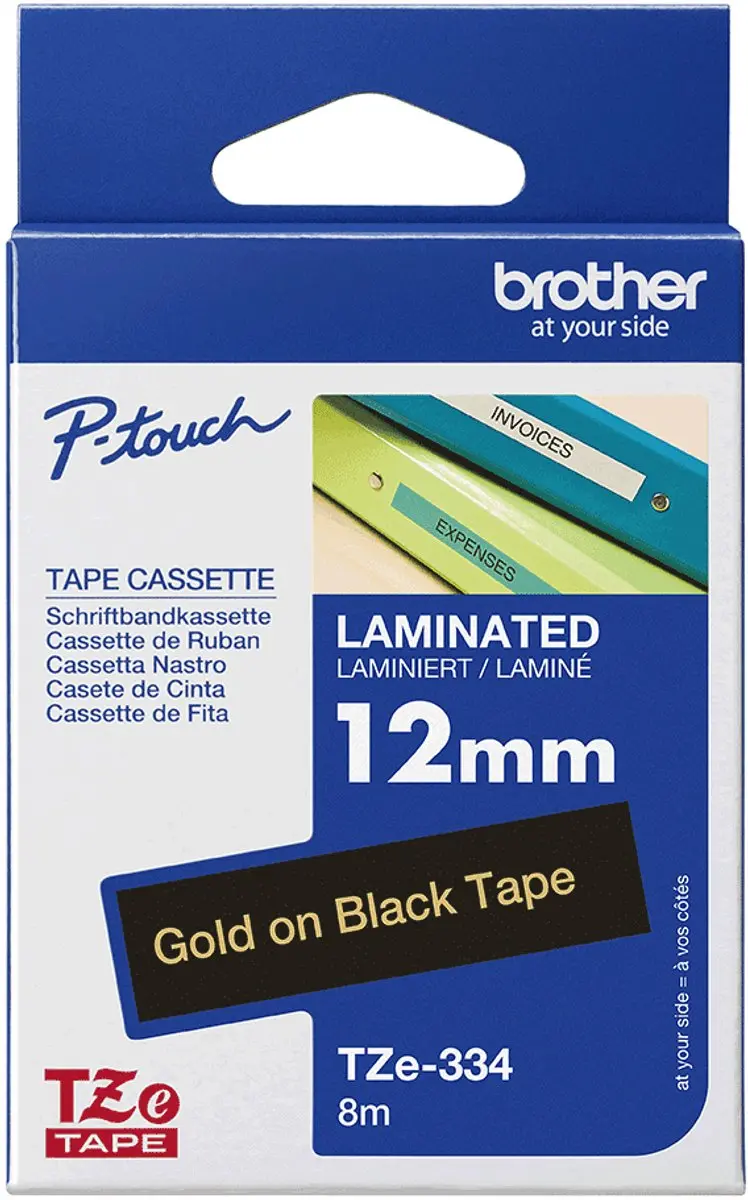 Brother TZE334 Glanzend Lamineerlint 12mm - Zwart/Goud - afbeelding 5 van 6