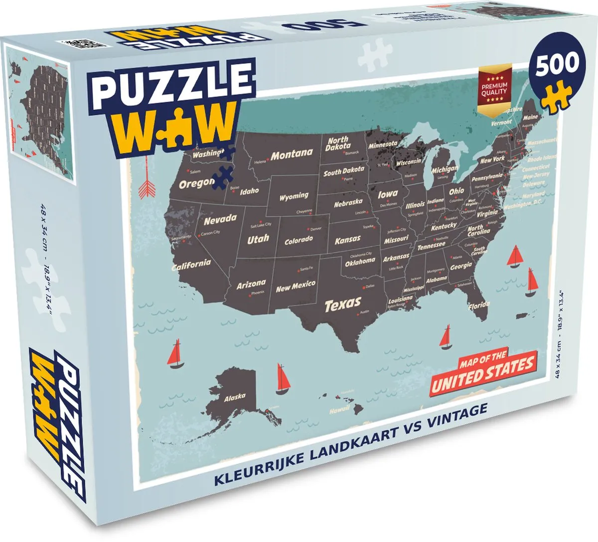 PuzzleWow Legpuzzel Kleurrijke Landkaart VS Vintage 500 Stuks