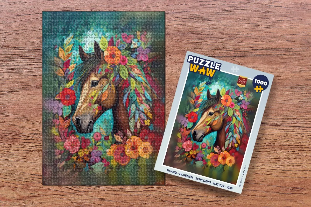 PuzzleWow Paard Bloemen Schilderij Legpuzzel 1000 Stuks - Multicolor