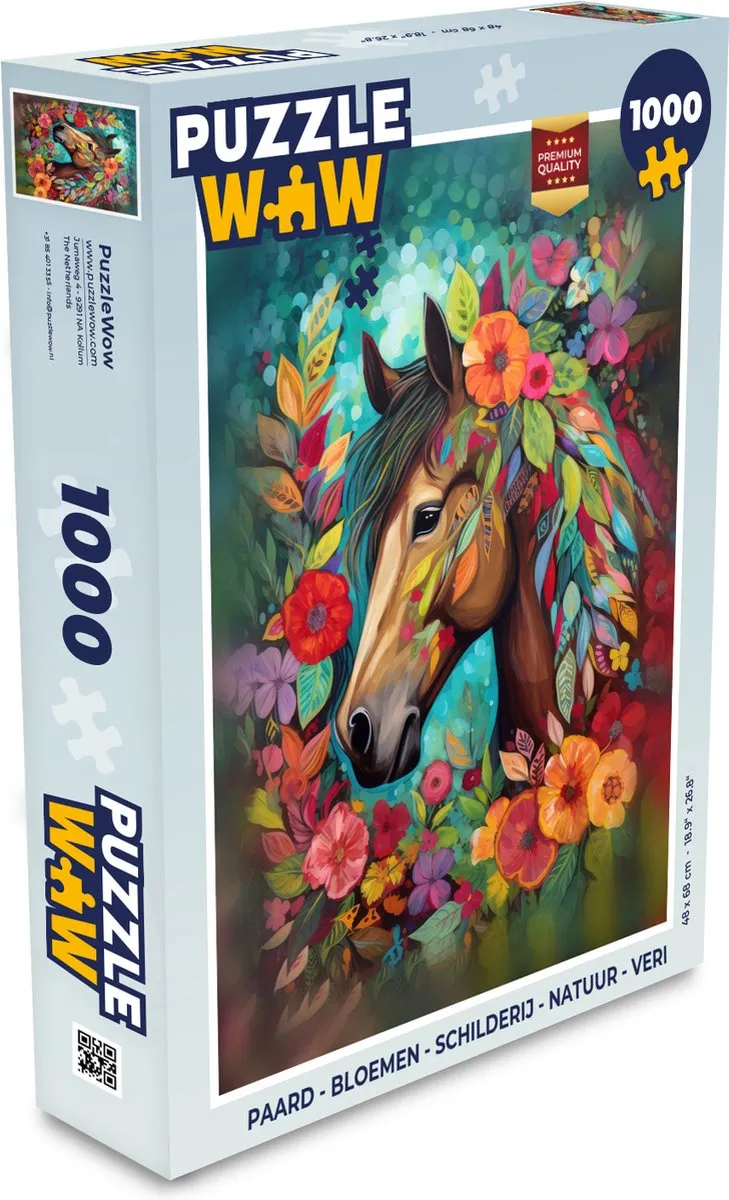PuzzleWow Paard Bloemen Schilderij Legpuzzel 1000 Stuks - Multicolor