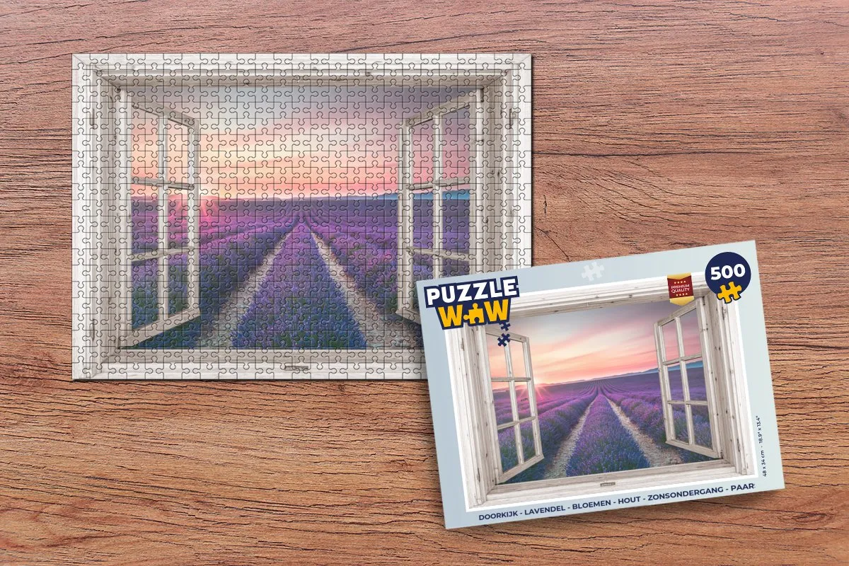 PuzzleWow Doorkijk Lavendel Bloemen Hout Zonsondergang 500 Stuks