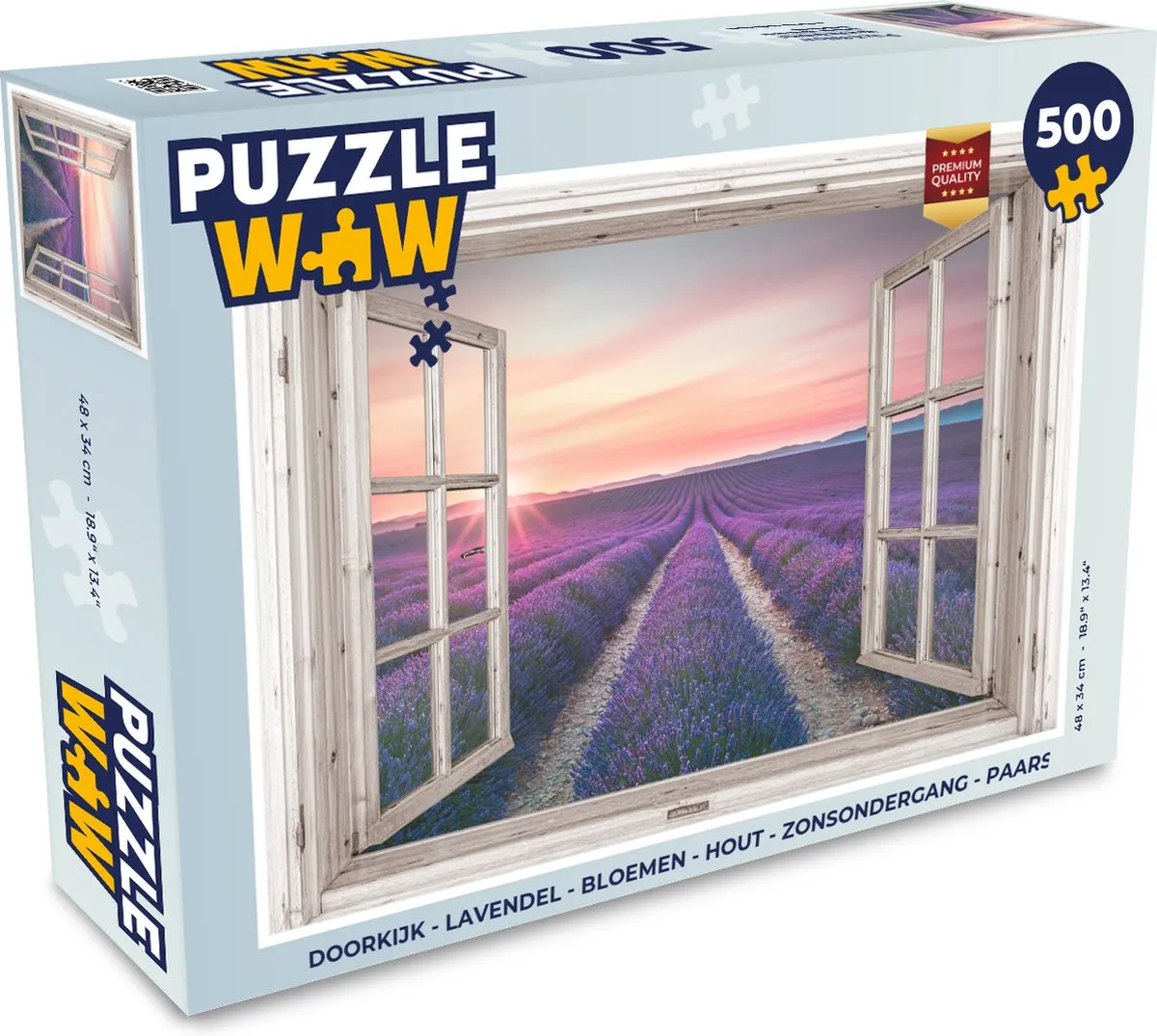 PuzzleWow Doorkijk Lavendel Bloemen Hout Zonsondergang 500 Stuks