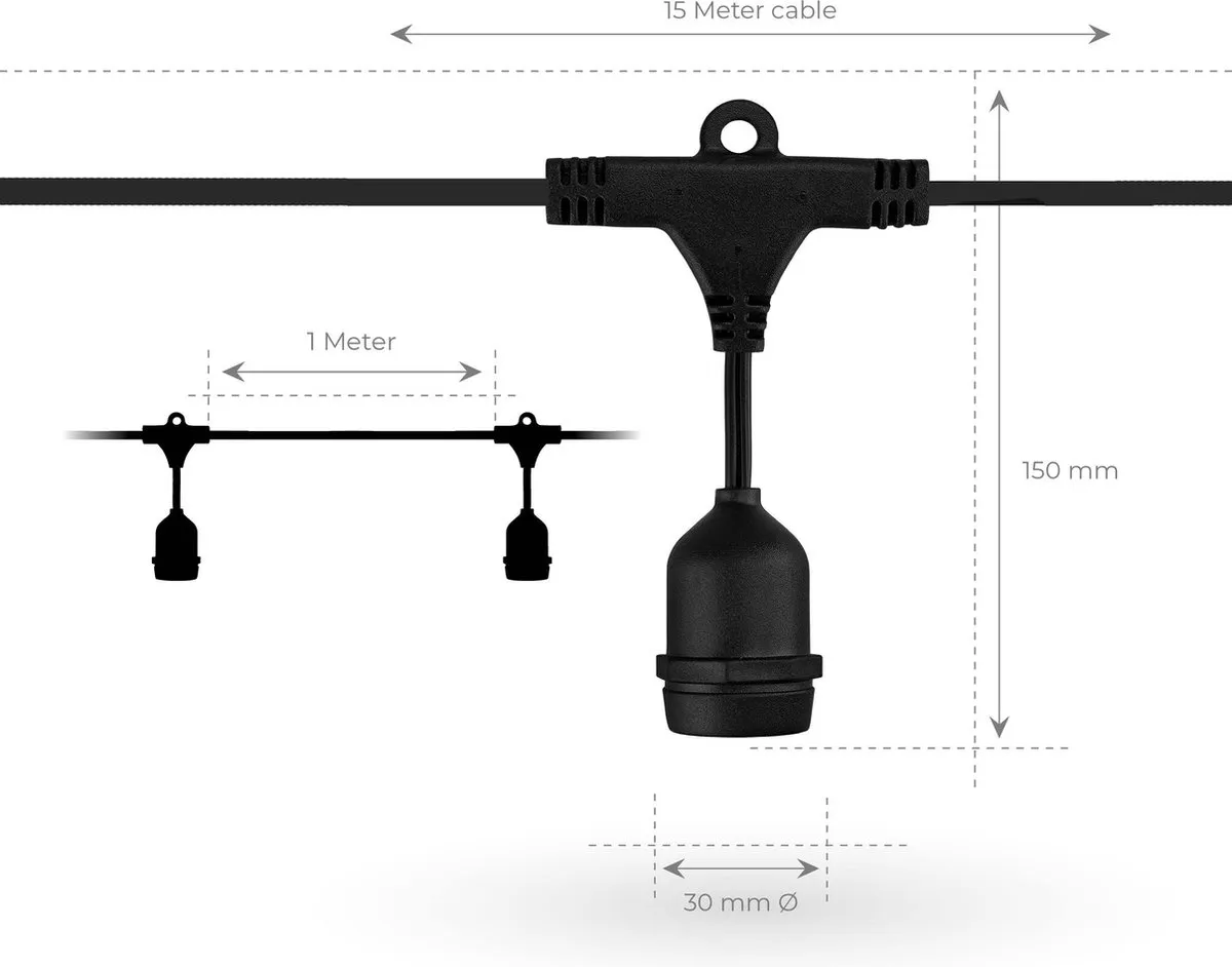 LEDVION LED Prikkabel 15m - 15x Goud E27 LED 1W 2100K IP65