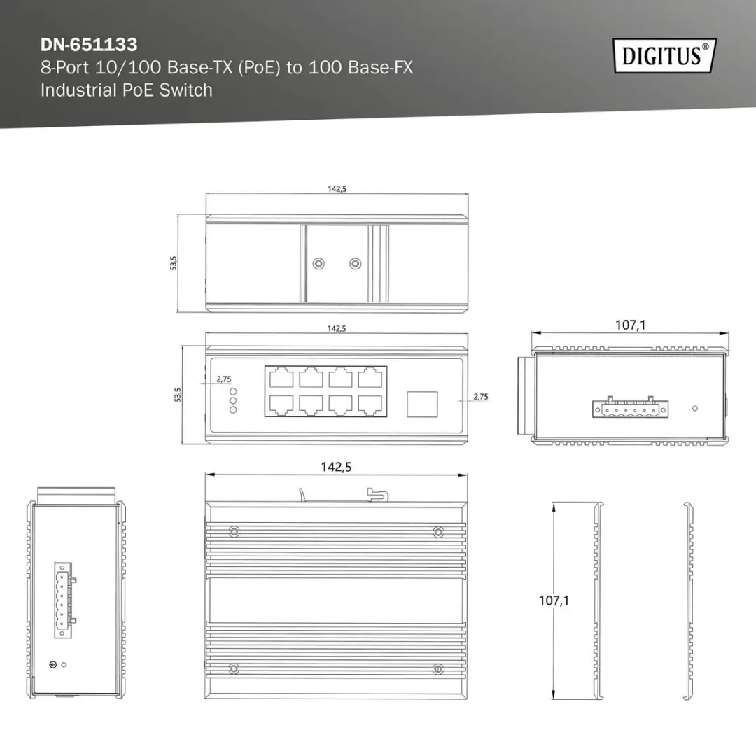Digitus DN-651133 Switch 8-Port 10/100 PoE - Zwart/Blauw - afbeelding 6 van 6
