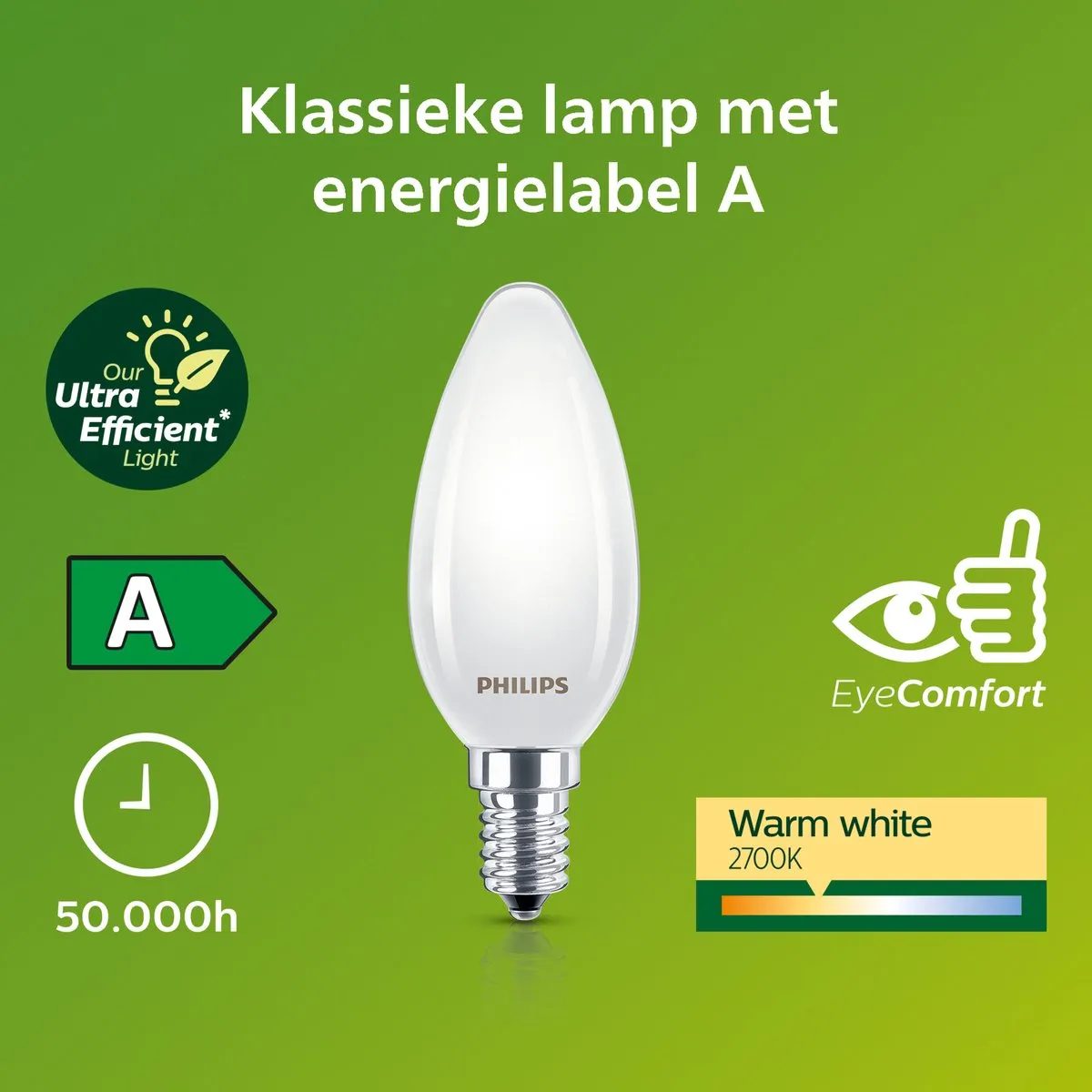 Philips Ultra Efficient LED Kaarslamp E14 2.3W - Mat - Warmwit