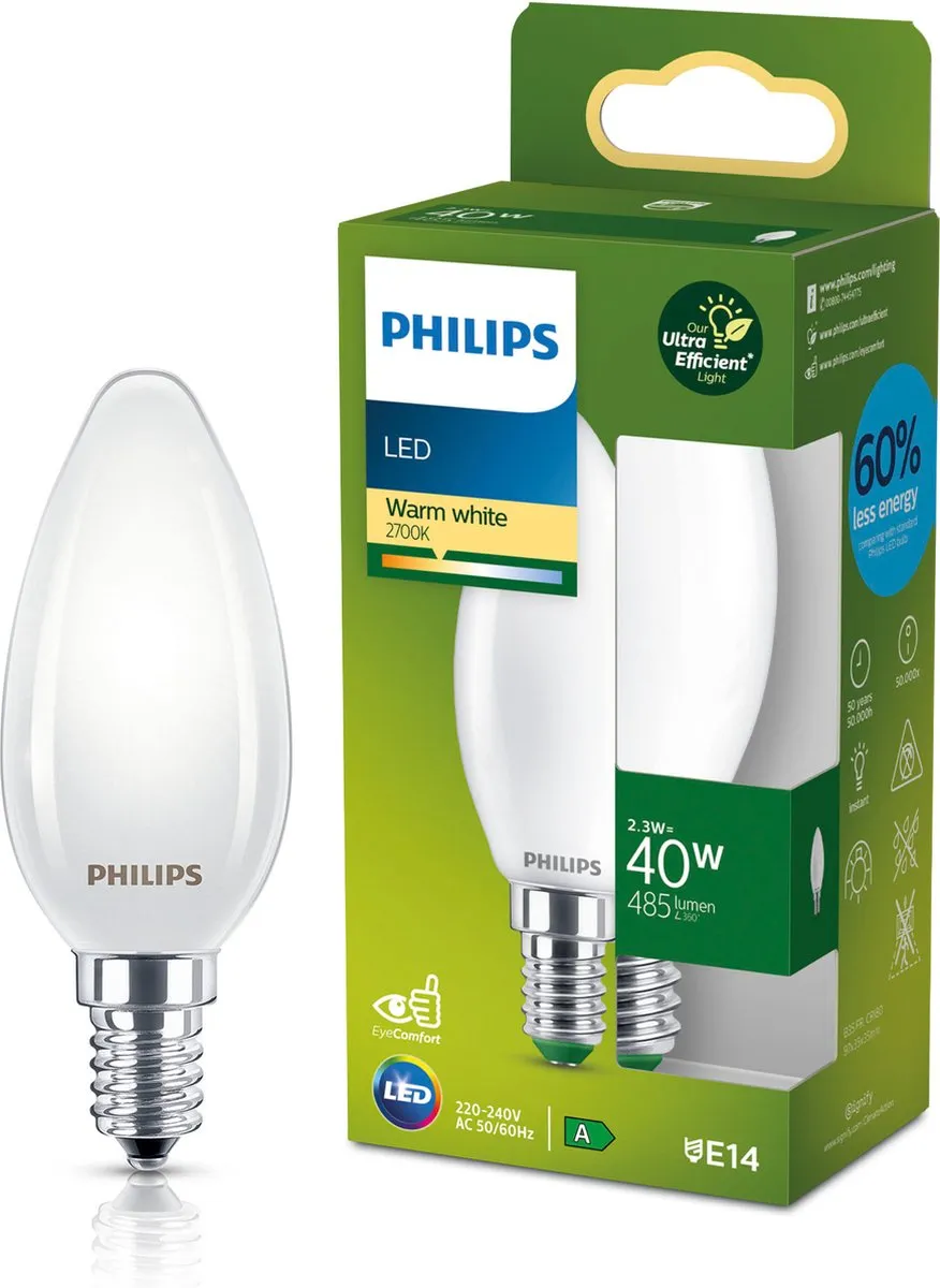Philips Ultra Efficient LED Kaarslamp E14 2.3W