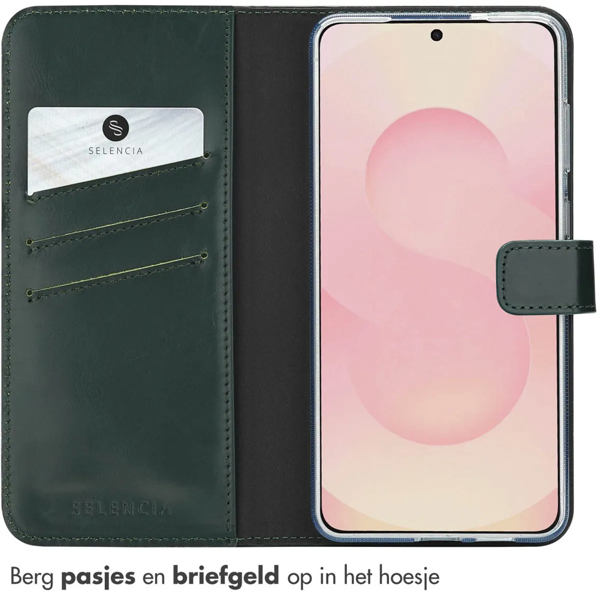Selencia Hoesje Samsung Galaxy S25 Edge - Groen Lederen Bookcase - 3 Pasjes