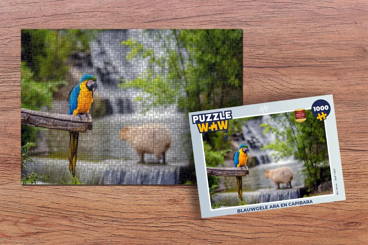 PuzzleWow Legpuzzel Blauwgele Ara en Capibara 1000 Stuks - Multicolor