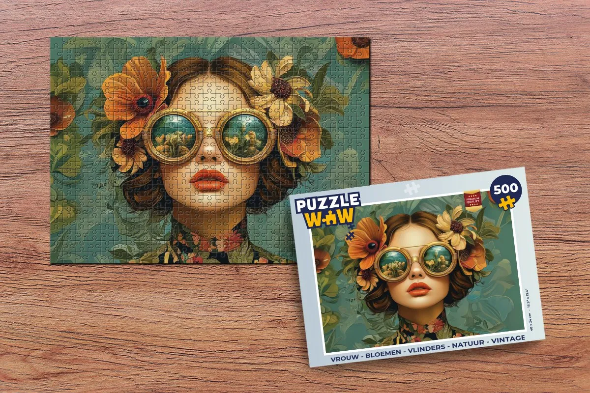 PuzzleWow Vrouw Bloemen Vlinders Natuur Vintage Legpuzzel 500 Stuks - Multi