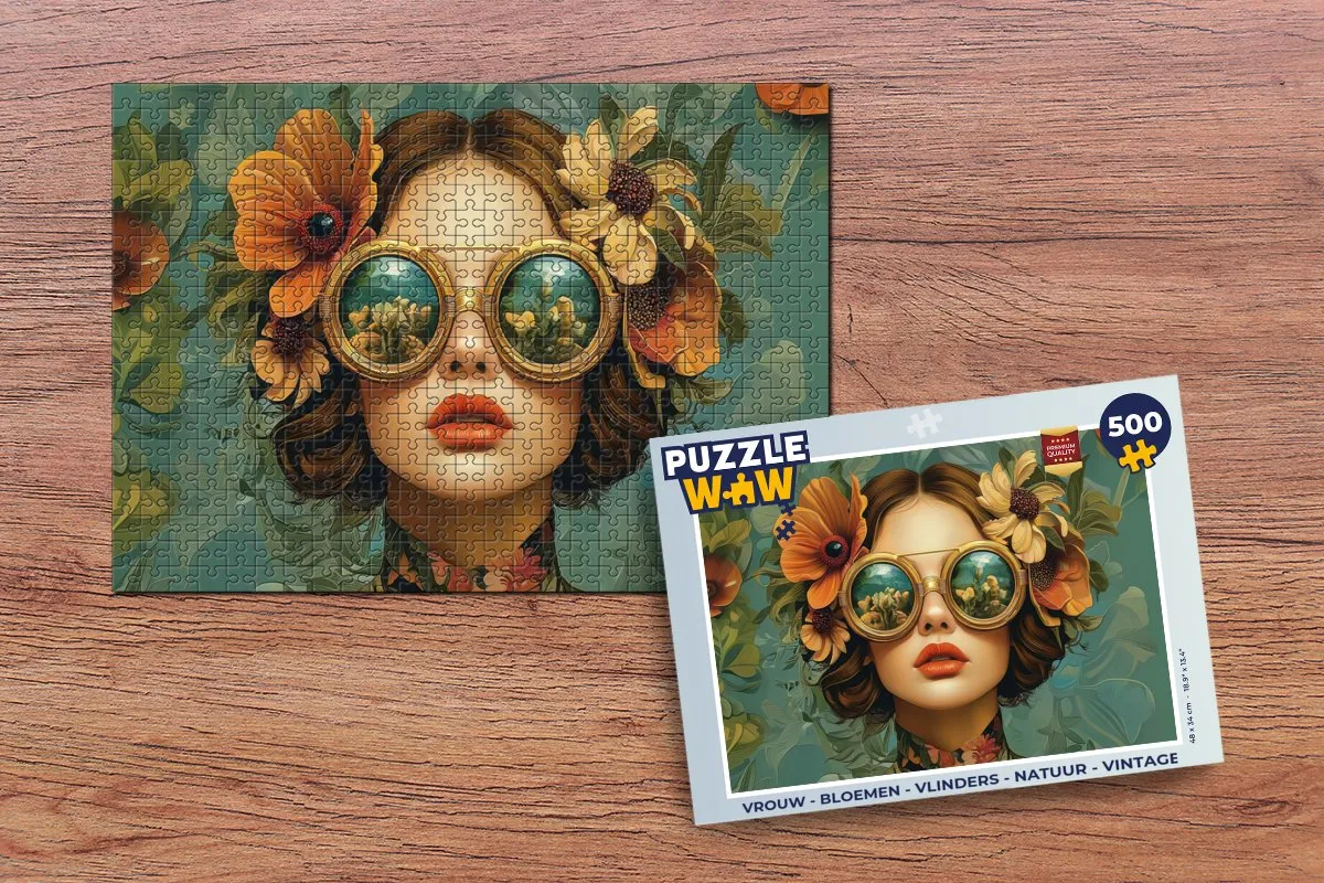 PuzzleWow Vrouw Bloemen Vlinders Natuur Vintage Legpuzzel 500 Stuks - Multi