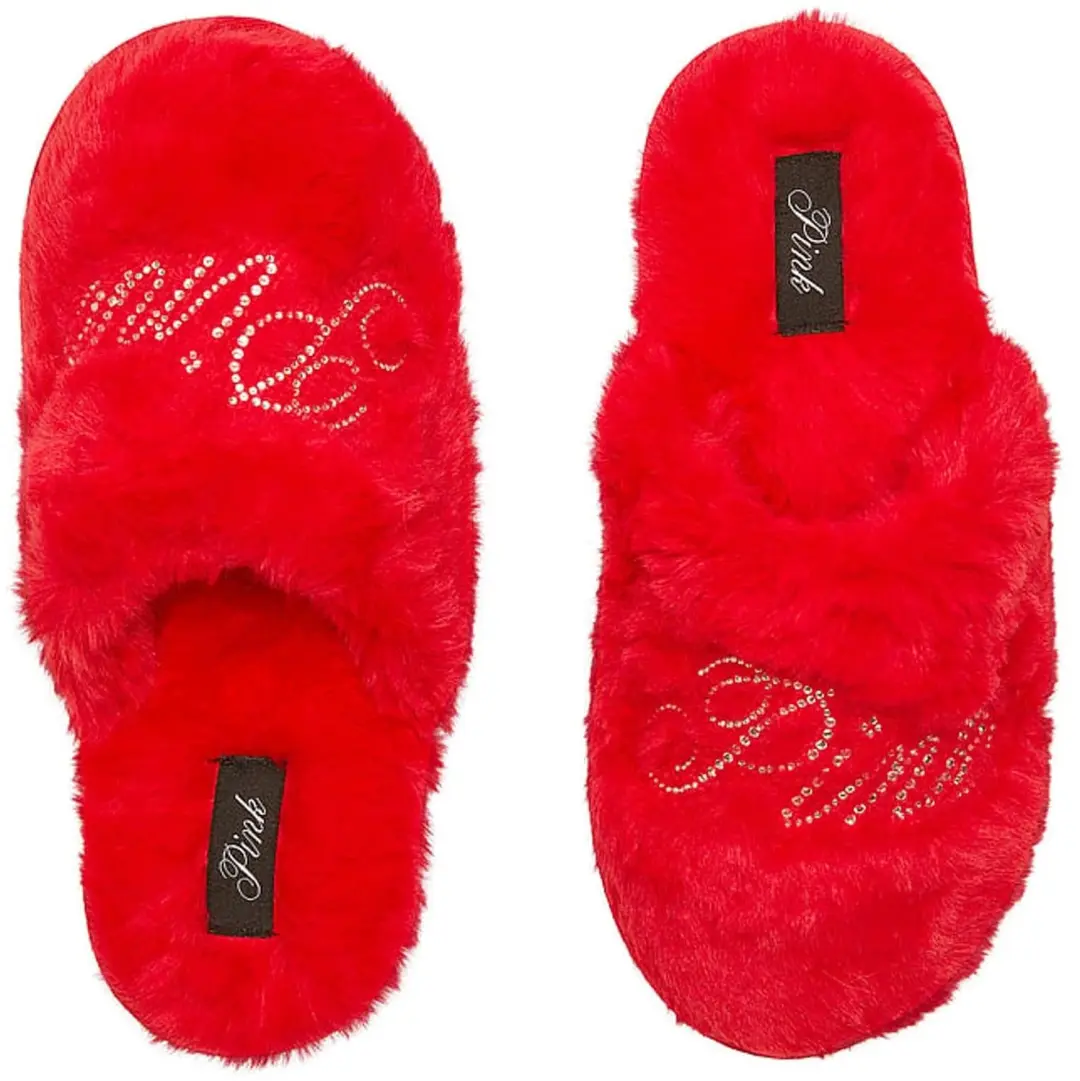 Victoria's Secret PINK Rode Pluche Pantoffels met Zirkonia Maat S (37-38)