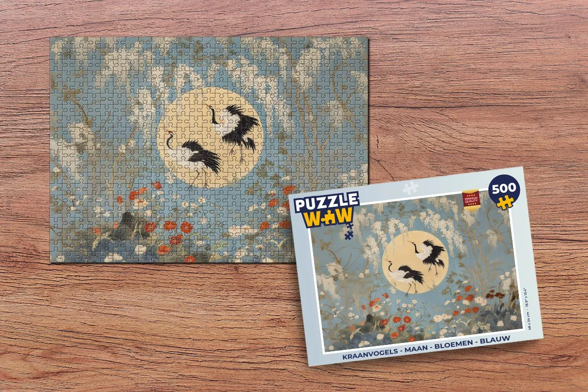PuzzleWow Kraanvogels Maan Bloemen Legpuzzel 500 Stuks - Blauw