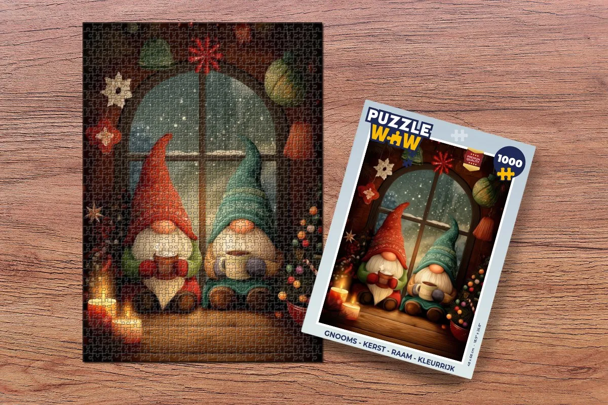 PuzzleWow Gnooms Kerst Raam Puzzel 1000 Stuks - Kleurrijk