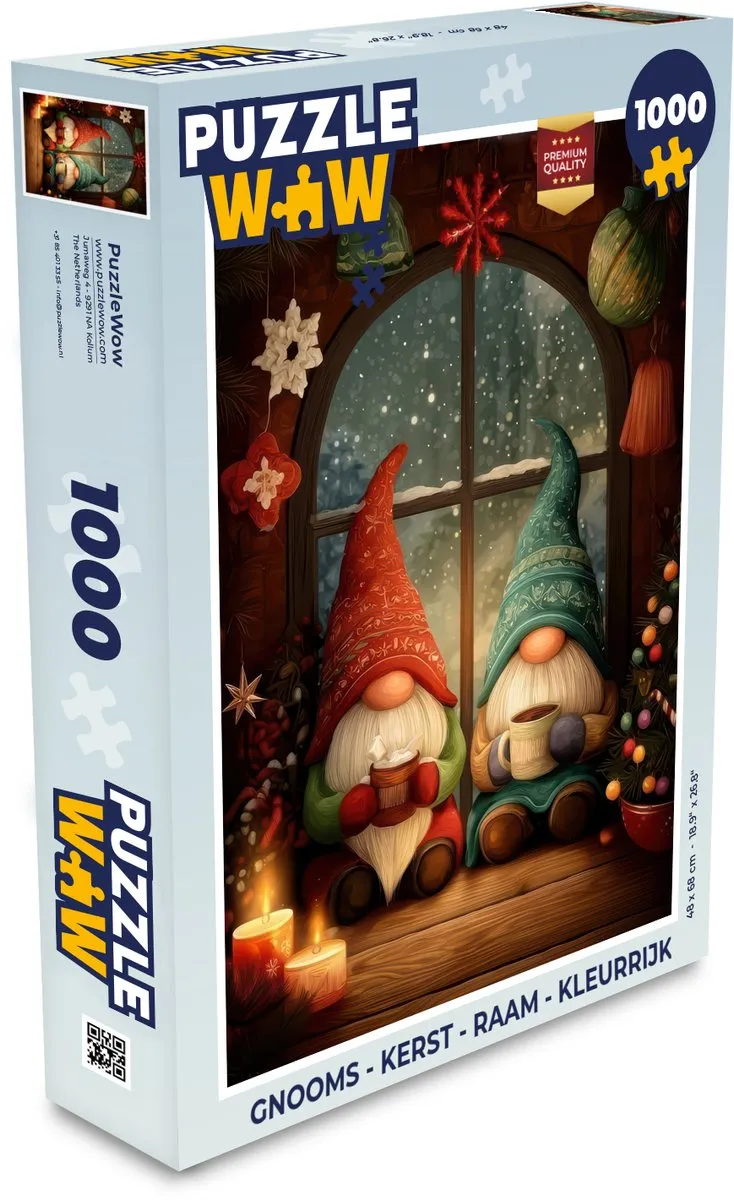 PuzzleWow Gnooms Kerst Raam Puzzel 1000 Stuks - Kleurrijk