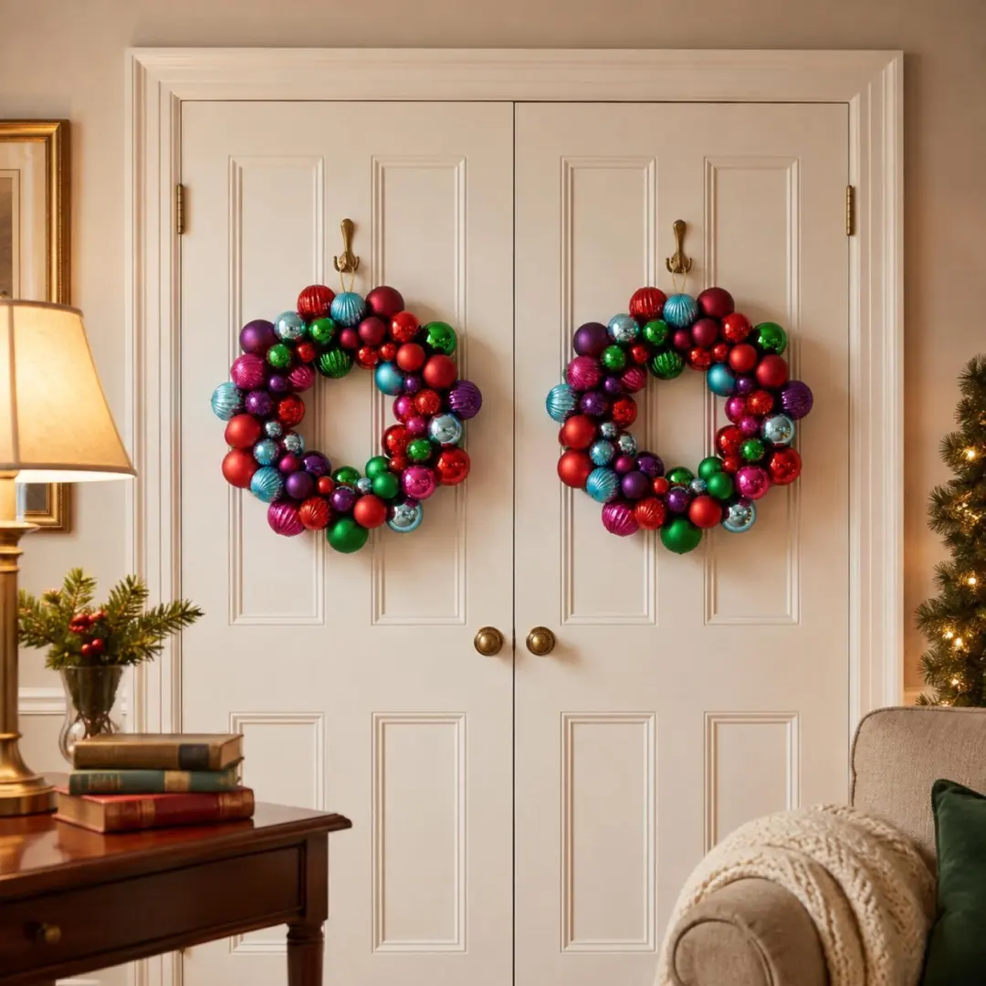 Decoris Kerstballen kerstkrans - 2x - gekleurd - D38 cm - kunststof - krans - deurkrans - kerstversiering