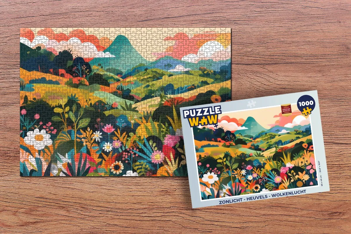 PuzzleWow Zonlicht Legpuzzel 1000 Stuks - Heuvels/Bloemen/Wolken