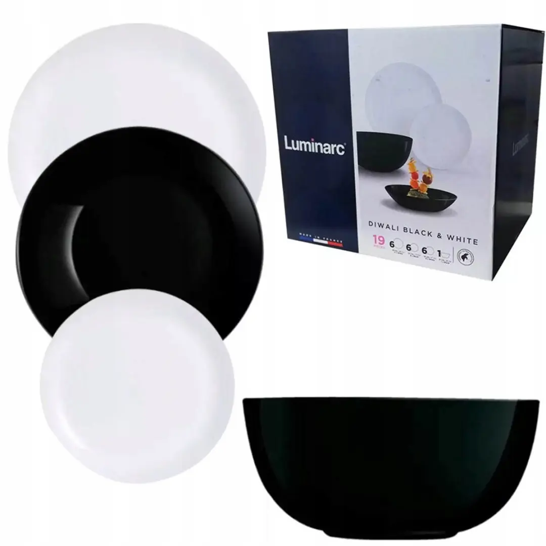 Luminarc Diwali Servies Zwart Wit 19 Delen voor 6 Personen met Saladekom