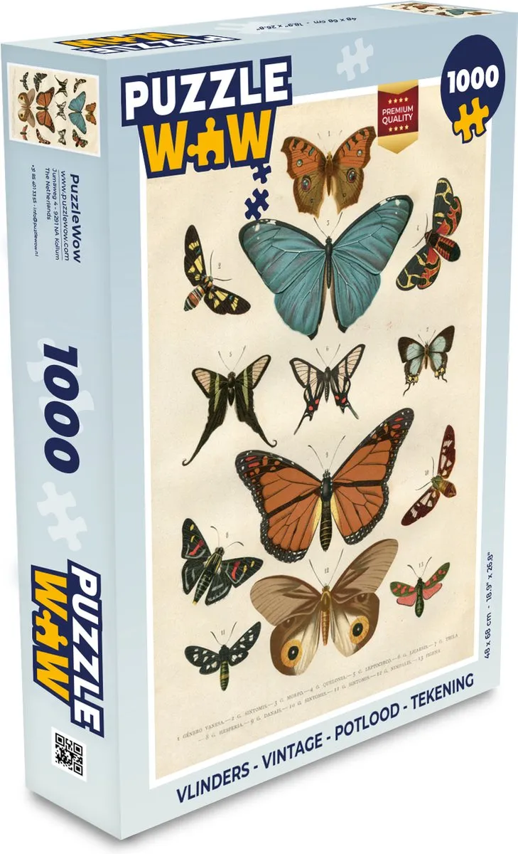 PuzzleWow Vlinders Vintage Legpuzzel 1000 Stuks - Multicolor