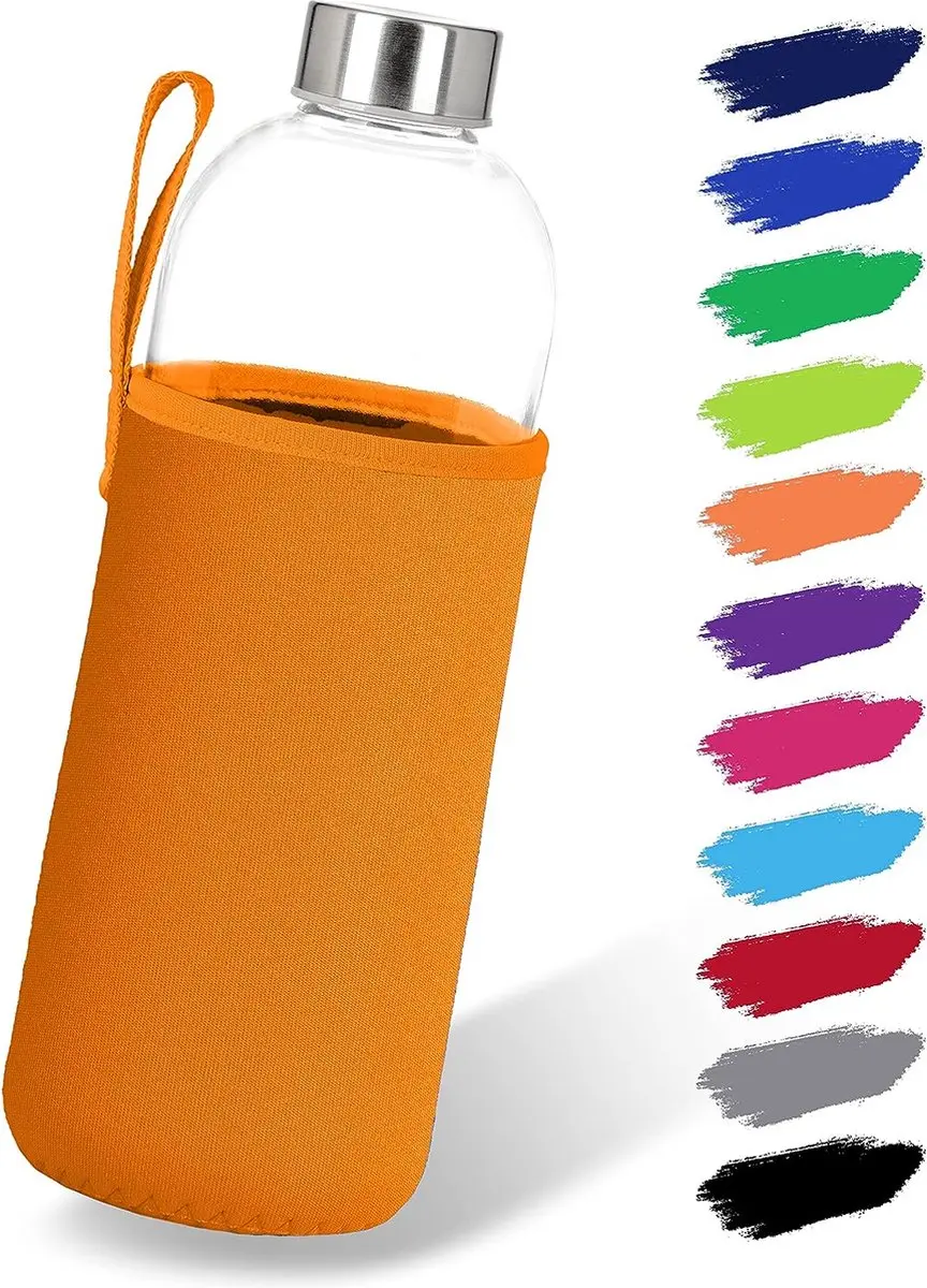 Glazen fles 1 l met neopreen hoes, drinkfles van glas in 500 ml en 1000 ml, met