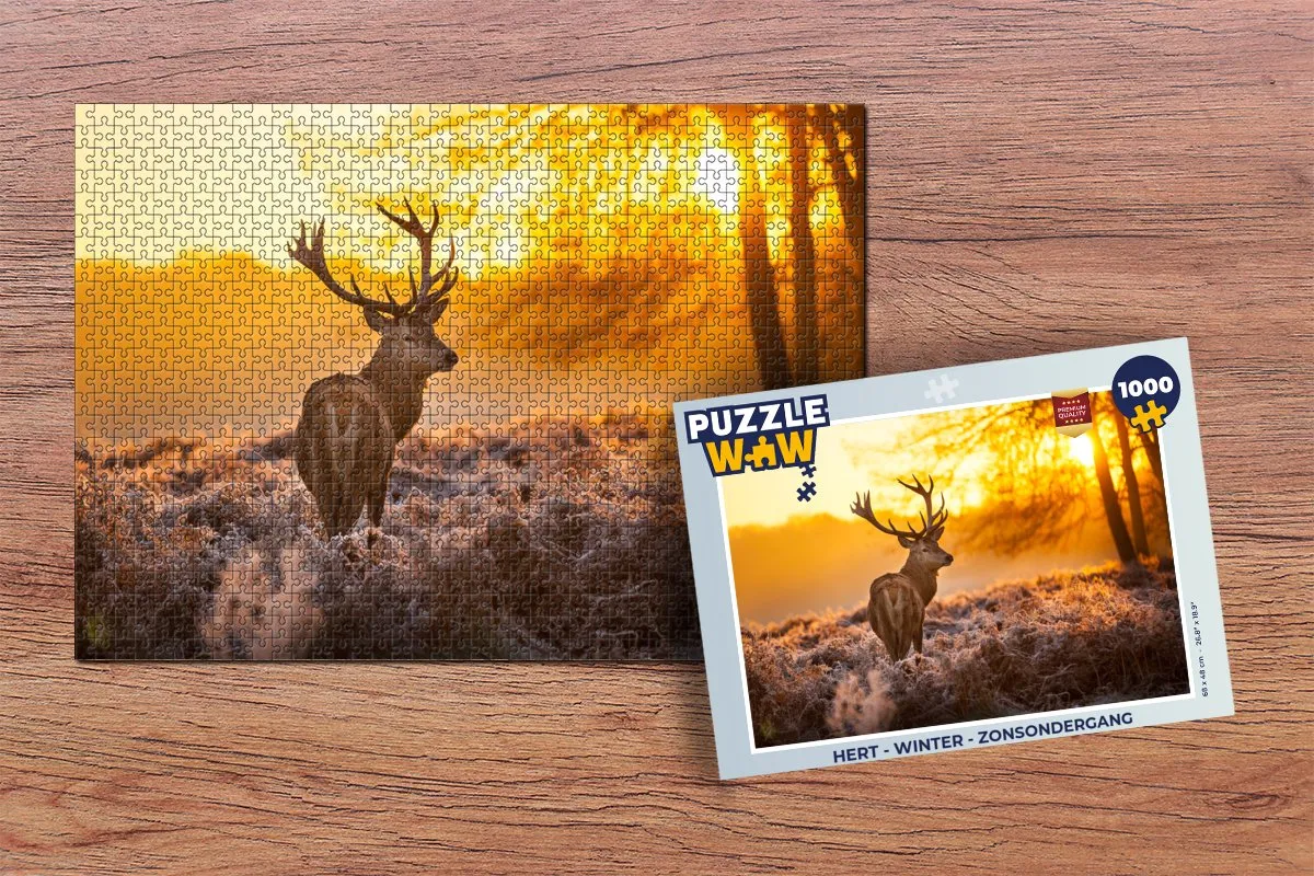 PuzzleWow Hert Winter Zonsondergang Legpuzzel 1000 Stuks - Multicolor