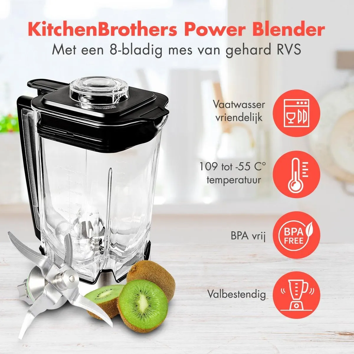 KitchenBrothers Power Blender 2000W - 2L - 12 Snelheden - RVS - afbeelding 6 van 6