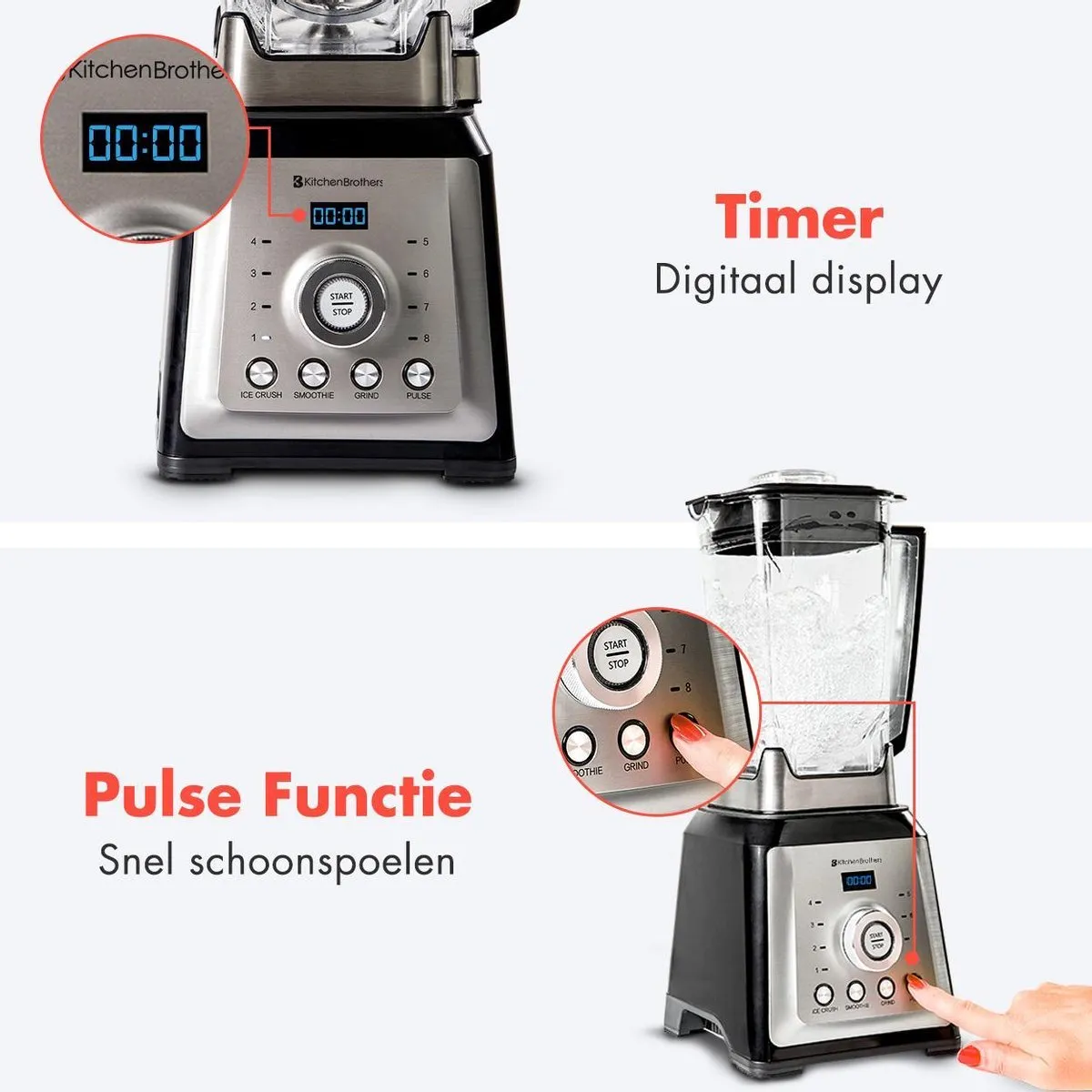 KitchenBrothers Power Blender 2000W - 2L - 12 Snelheden - RVS