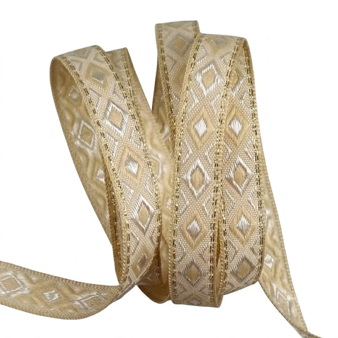 Beige jacquard lint band 12 mm DIY kleding tas decoratie etnisch patroon geweven