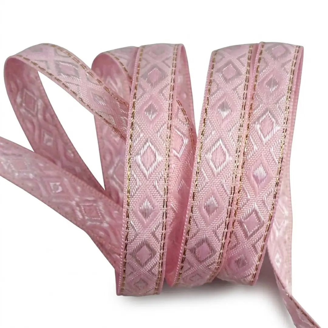 Roze jacquard lint band 12 mm DIY kleding tas decoratie etnisch patroon geweven