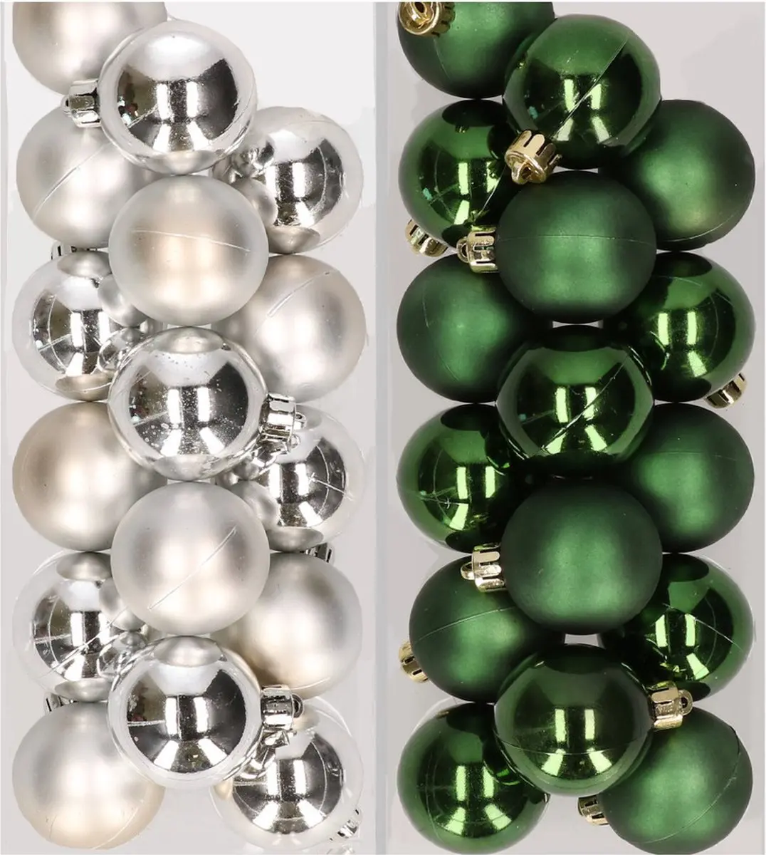 32x stuks kunststof kerstballen mix van zilver en donkergroen 4 cm