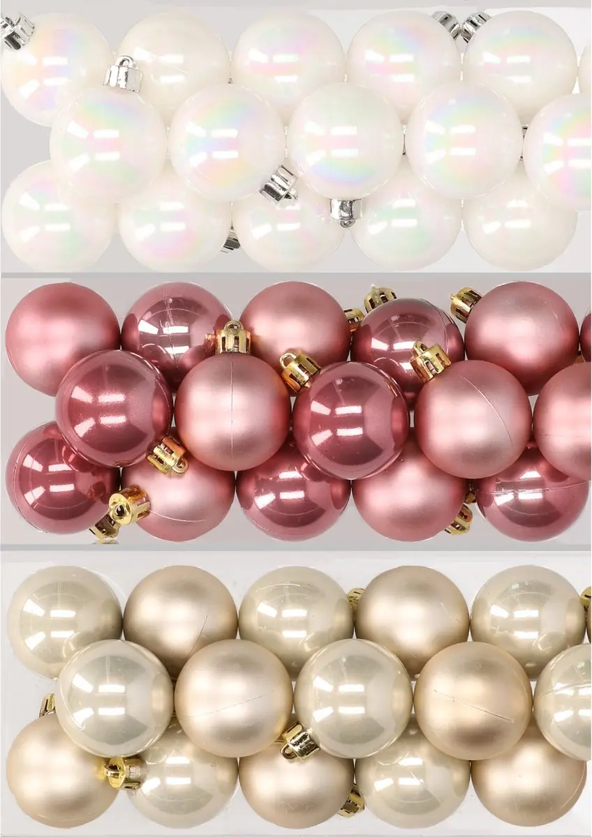 48x stuks kunststof kerstballen mix van parelmoer wit, oudroze en champagne 4 cm