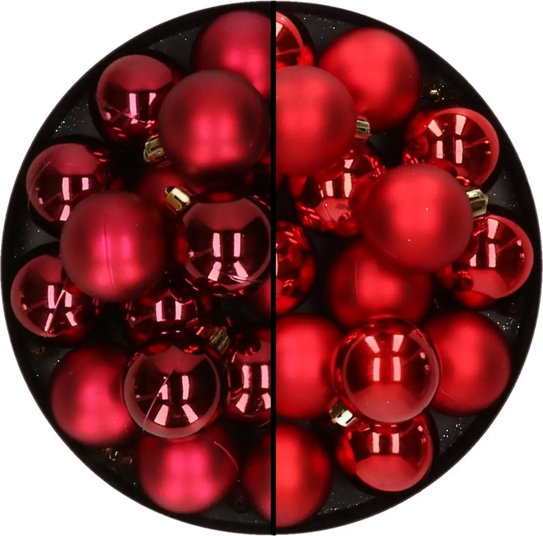 32x stuks kunststof kerstballen mix van donkerrood en rood 4 cm