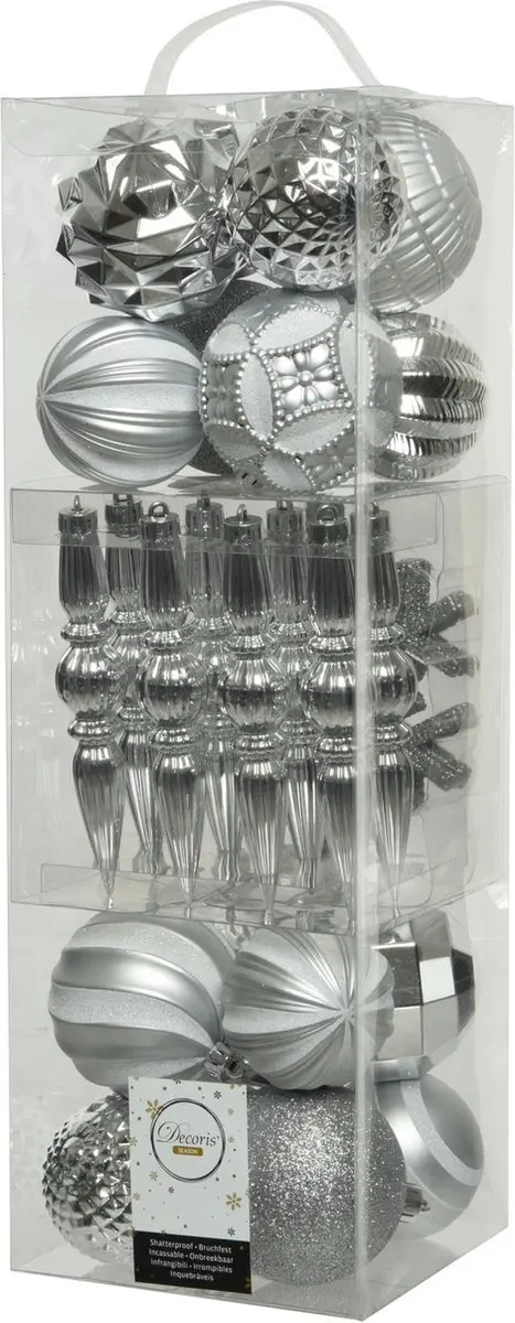 60x stuks kunststof kerstballen zilver mix 8 cm