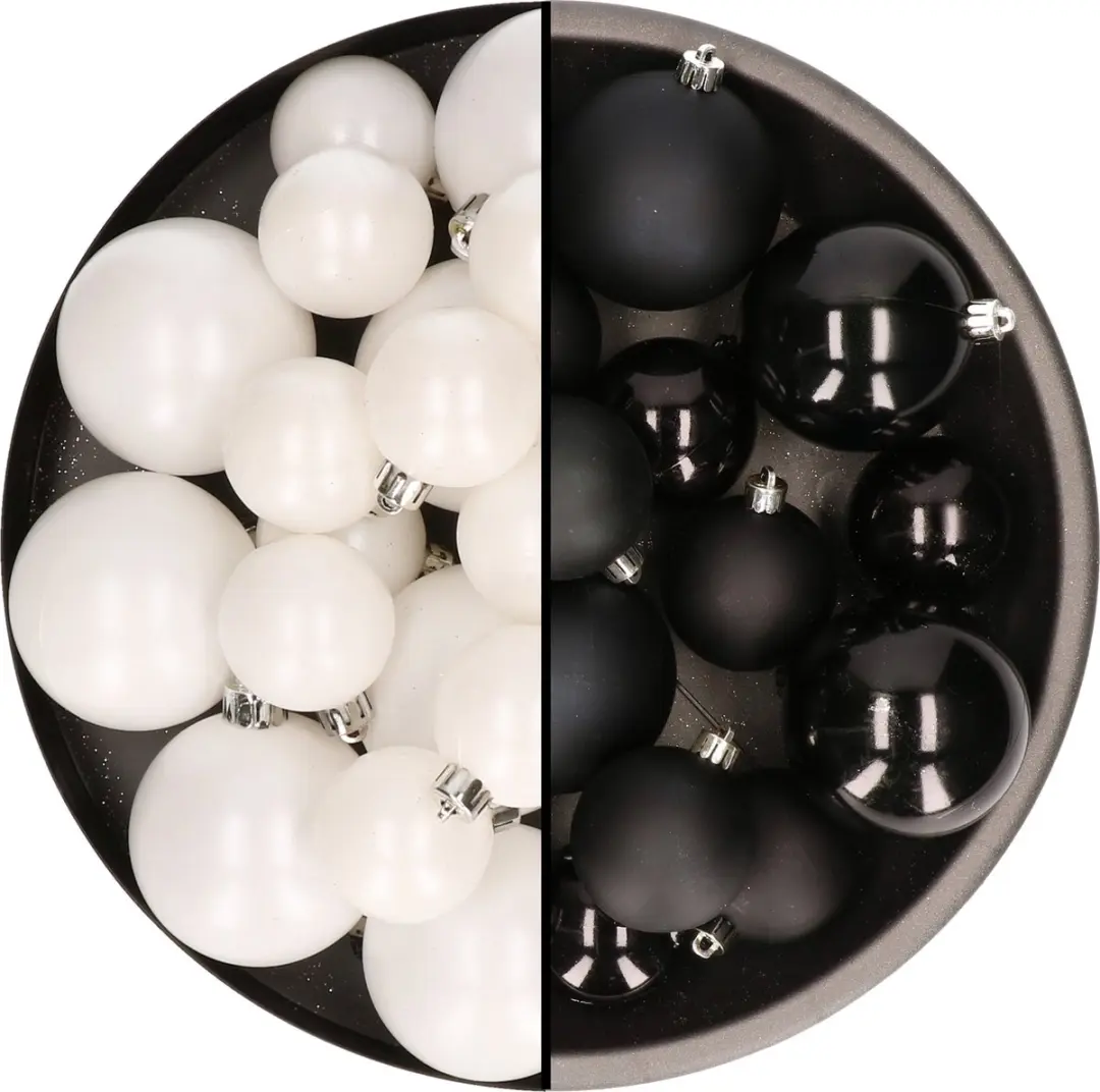 Kerstversiering kunststof kerstballen kleuren mix zwart/wit 6-8-10 cm pakket van