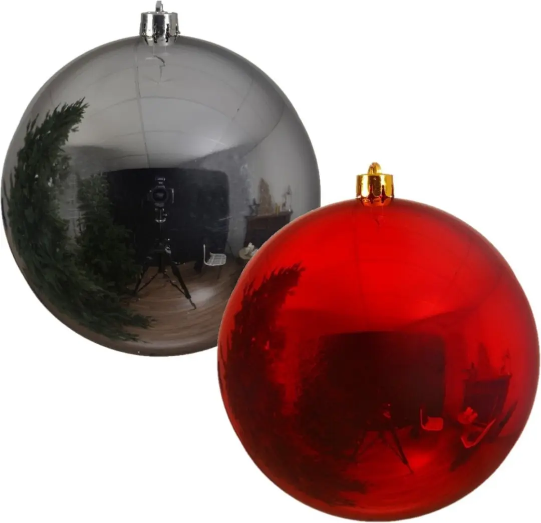 2x stuks grote kerstballen van 20 cm glans van kunststof rood en zilver
