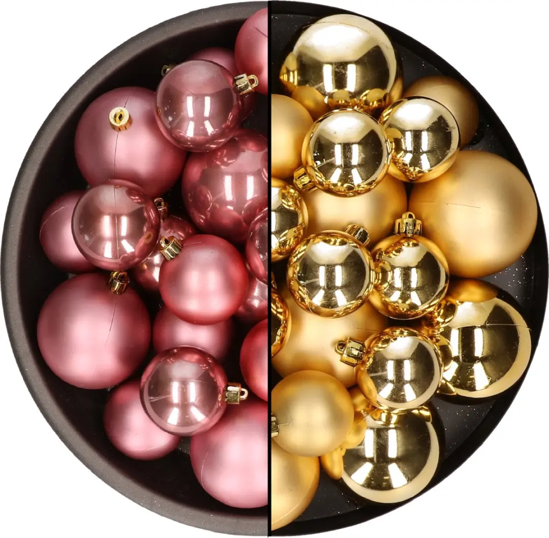 Kerstversiering kunststof kerstballen kleuren mix oud roze/goud 4-6-8 cm pakket