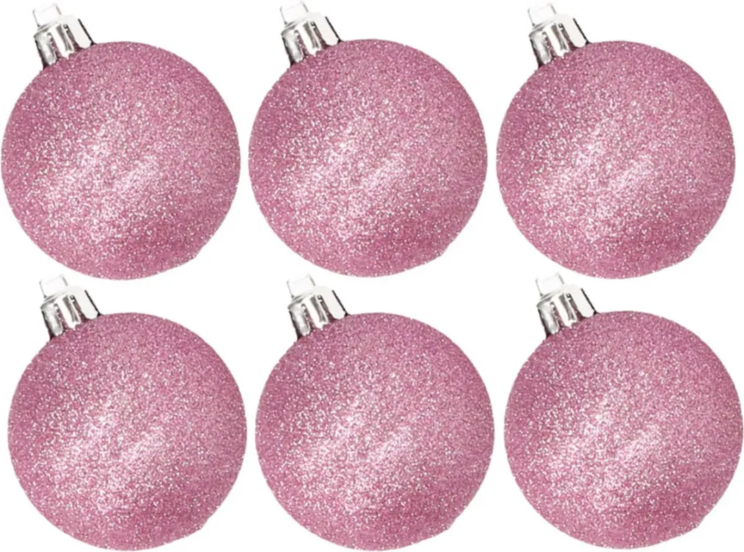 6x stuks kunststof glitter kerstballen roze 6 cm