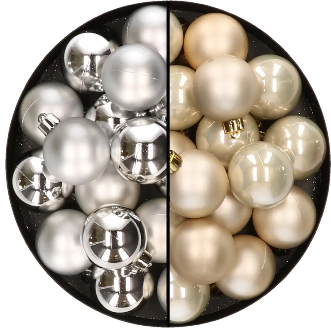 32x stuks kunststof kerstballen mix van zilver en champagne 4 cm