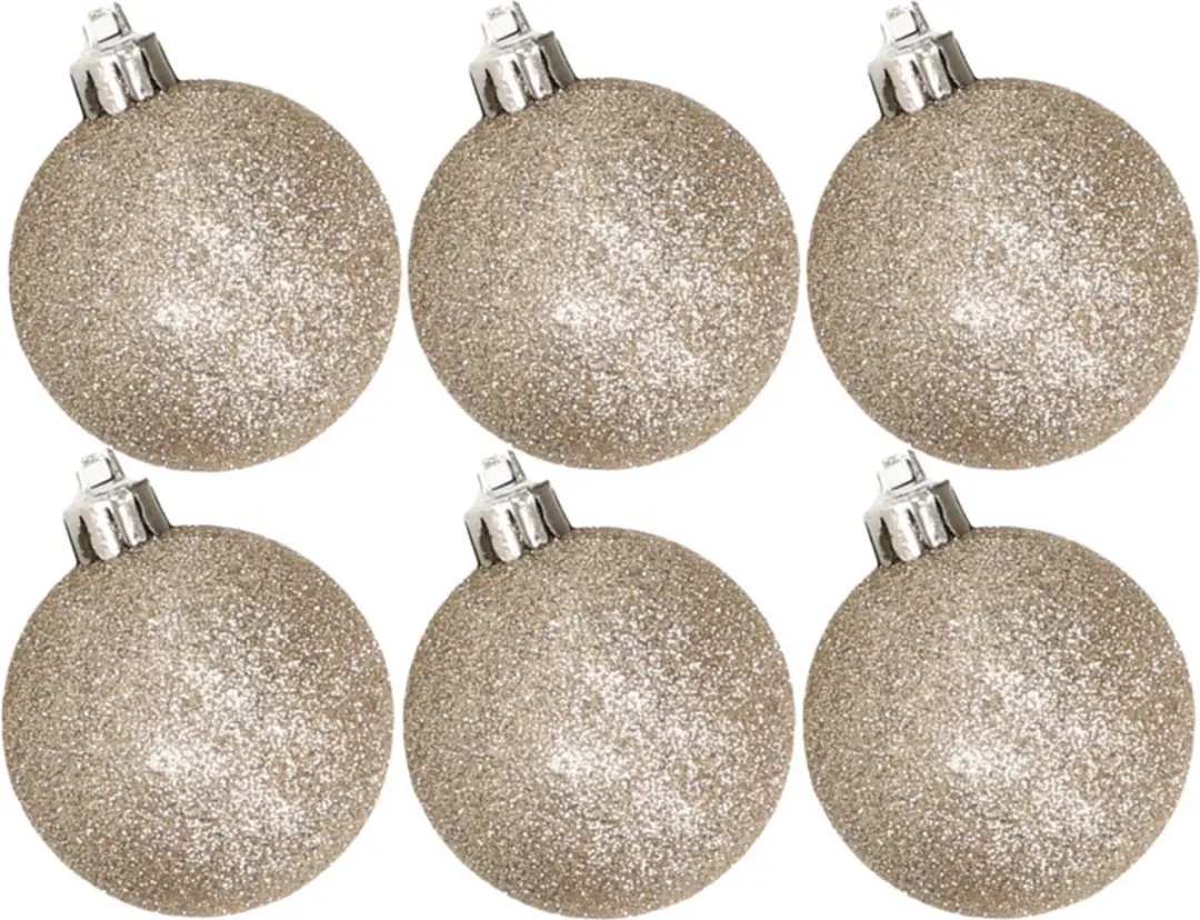 6x stuks kunststof glitter kerstballen champagne 6 cm