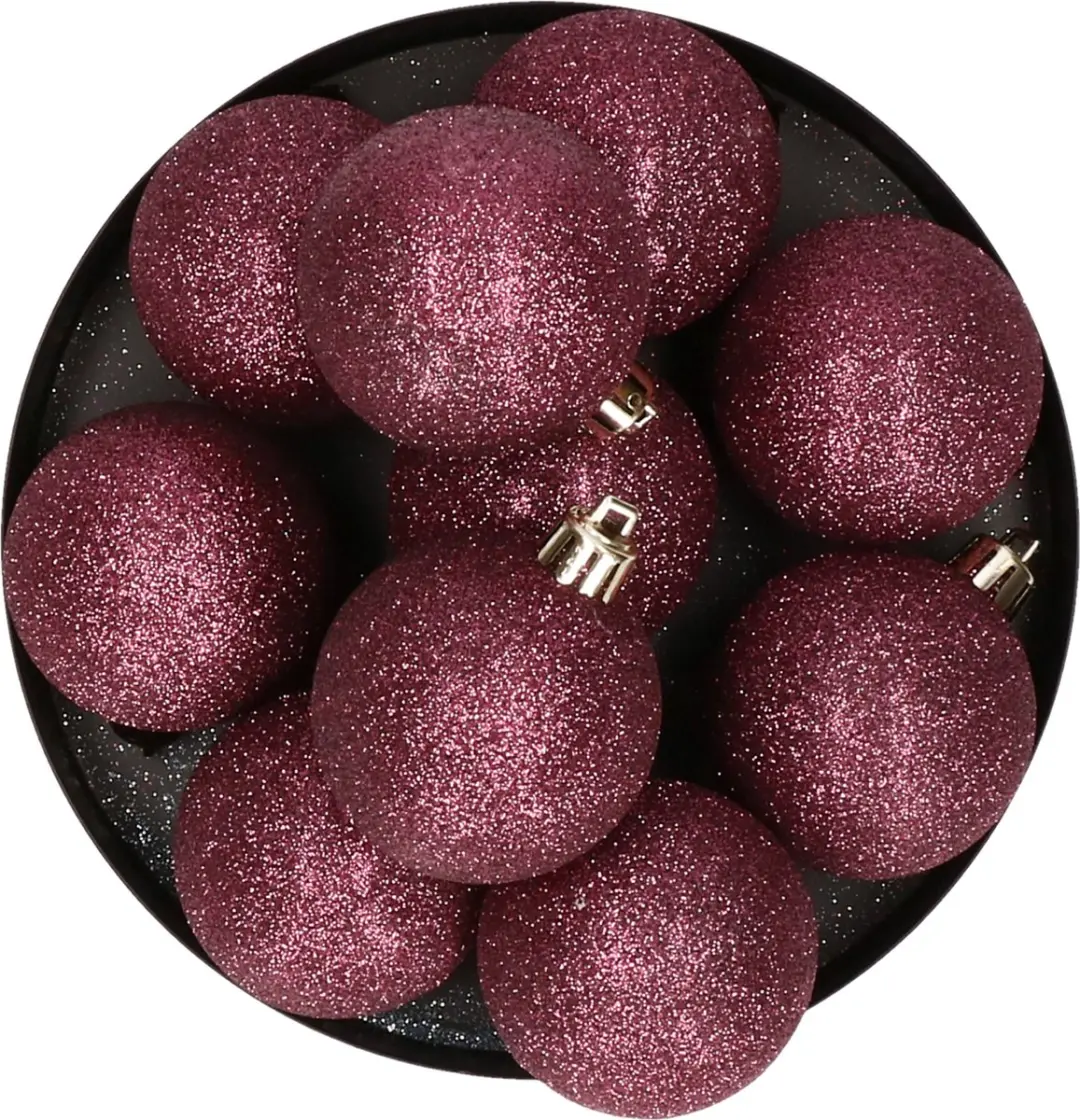 Kerstversiering set glitter kerstballen in het Aubergine roze 6 en 8 cm pakket