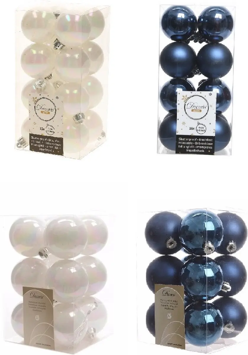 Kerstversiering kunststof kerstballen kleuren mix donkerblauw/parelmoer wit 4 en