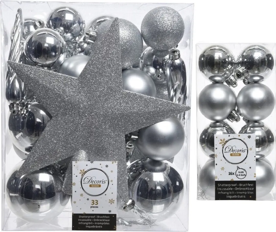 Kerstversiering kunststof kerstballen zilver 4-5-6-8 cm pakket van 49x stuks